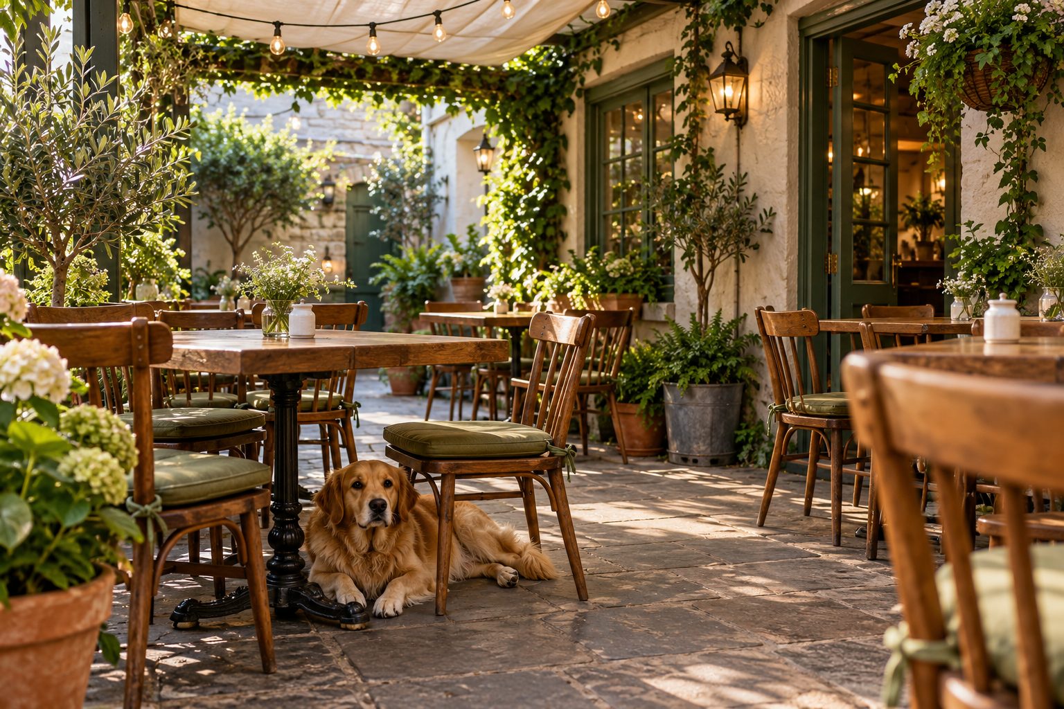 Covered courtyard seating with a dog resting under a table