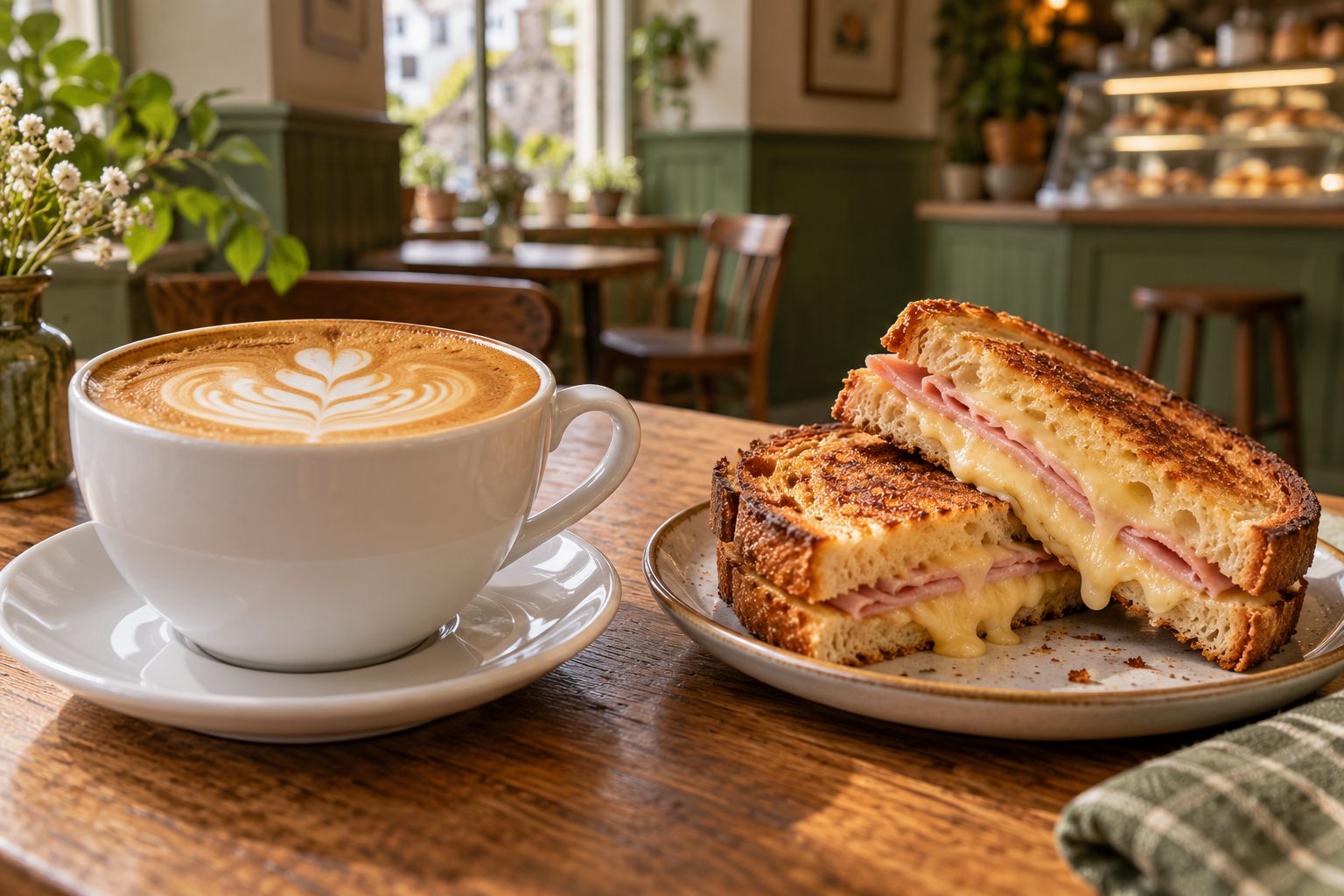 Flat white with latte art next to a ham and cheese toastie
